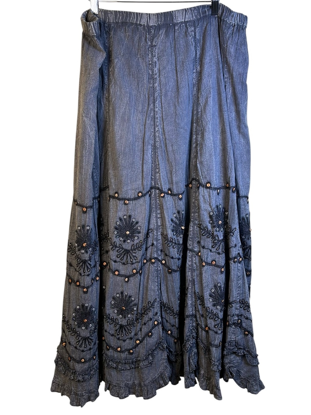 SOFT SURROUNDINGS Suzette Embroidered Crinkle Tiered Maxi Skirt Charcoal Gray